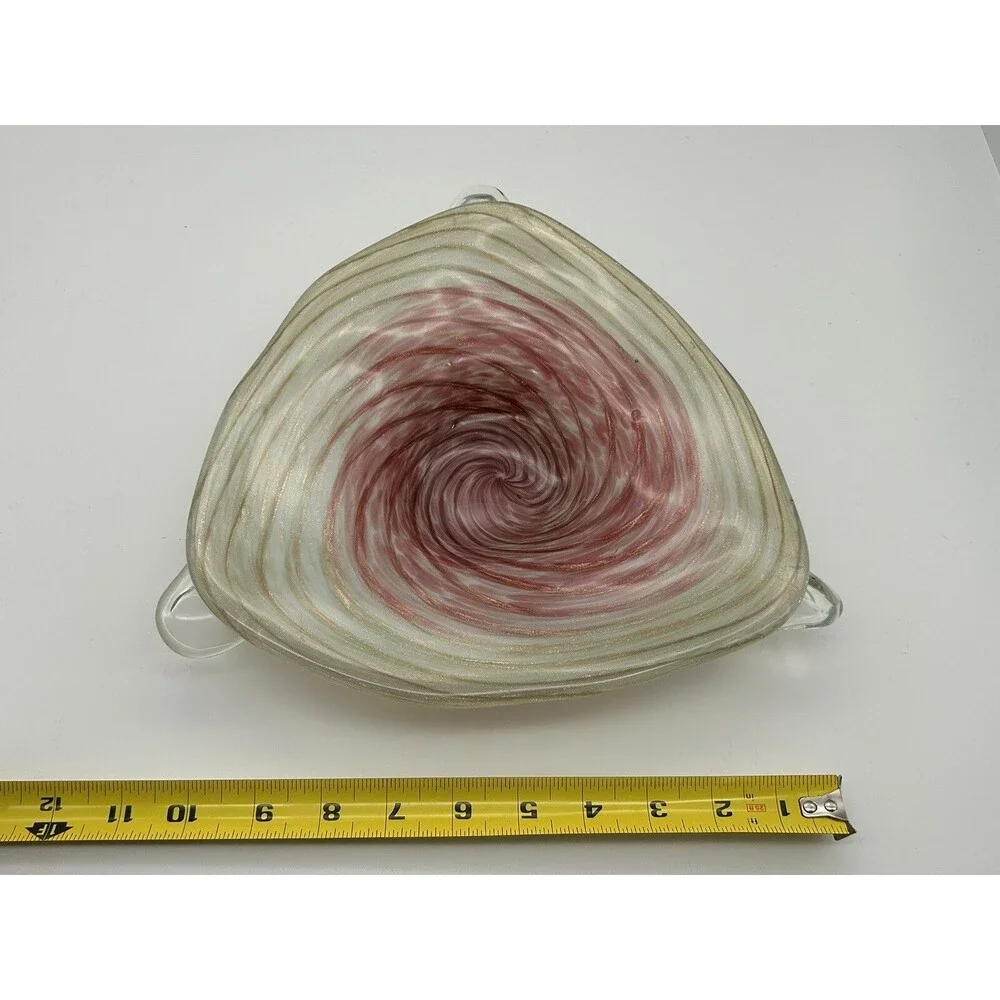 Murano Spiral Flat Bowl Hand Blown Glass Gold & Red Zebrati Fratelli  (No mark)